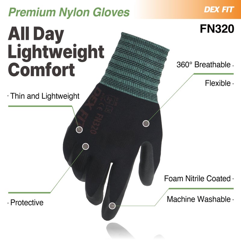 DEX FIT Premium Nylon Nitrile Work Gloves FN320, 3 Pairs, 3D-Comfort Stretchy Fit, Firm Grip, Thin & Lightweight, Durable, Breathable & Cool, Machine Washable; Black 10 (XL) - Image 4